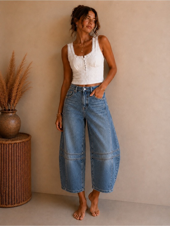 Flvsun Denim - Wide-Leg Ankle Crop Jeans in Light Blue